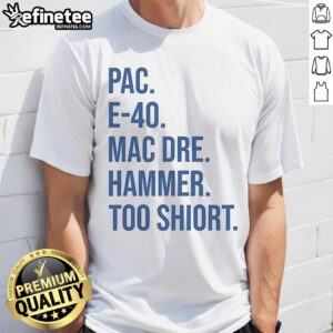 Alt Text: Official Pac E-40 Mac Dre Hammer Too Short T-Shirt featuring iconic hip-hop artists in vibrant graphic design.