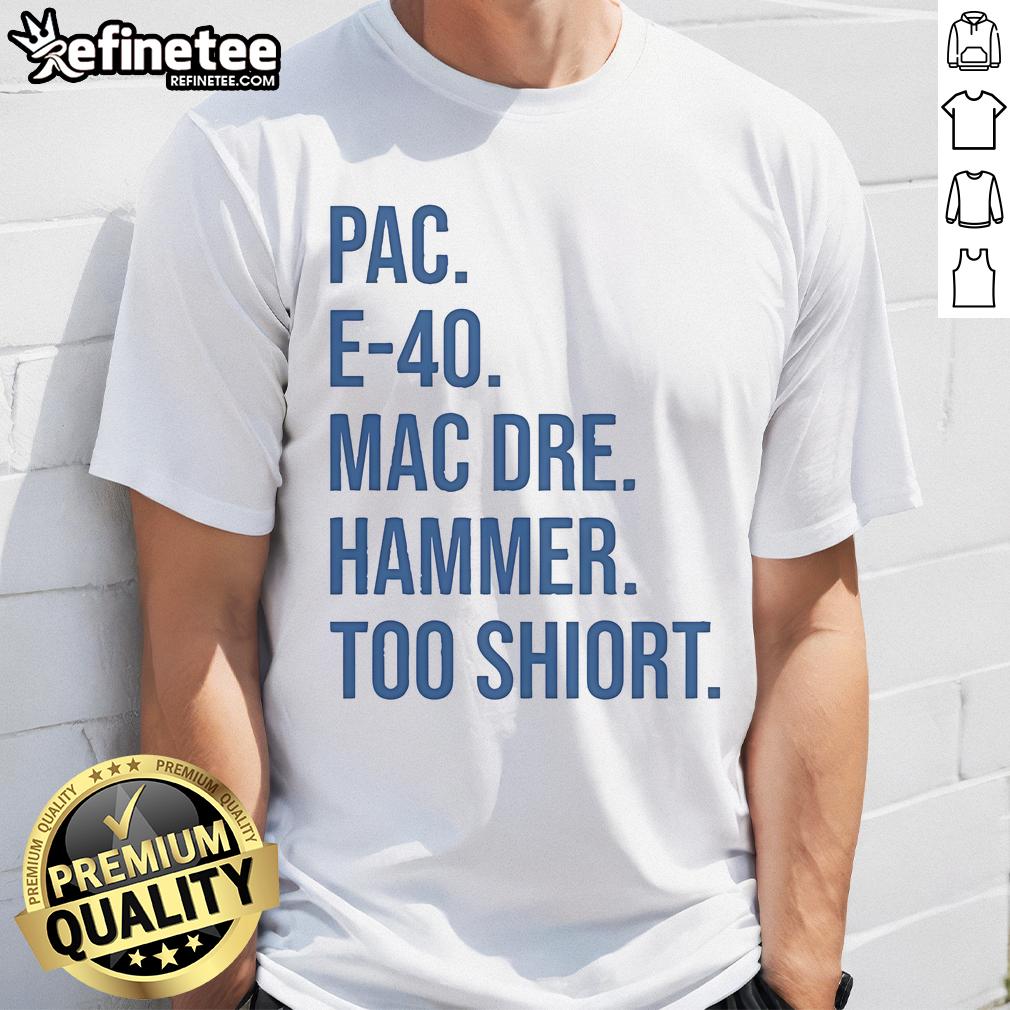Alt Text: Official Pac E-40 Mac Dre Hammer Too Short T-Shirt featuring iconic hip-hop artists in vibrant graphic design.