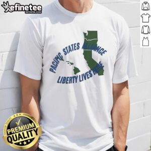 Alt Text: Official Pacific States Alliance Liberty Lives Here Map T-Shirt featuring a vibrant graphic map design.