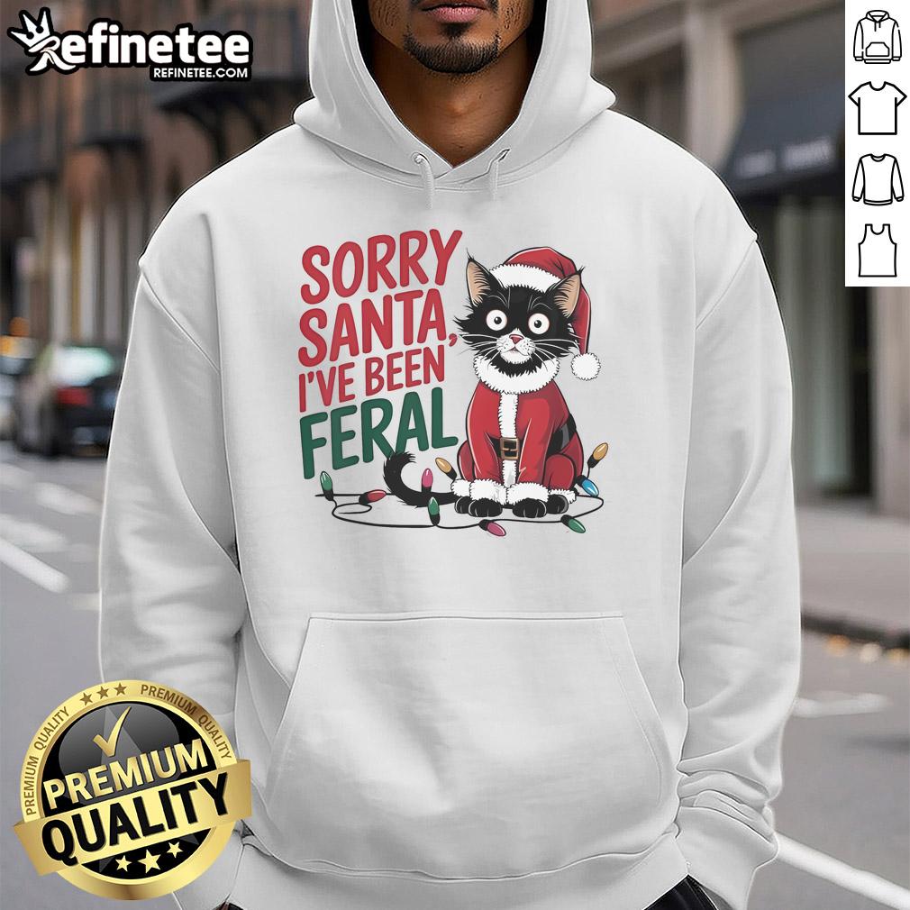 Cute Santa cat in a hoodie with Sorry Santa, I've Been Feral design for Christmas 2024. Perfect festive apparel!