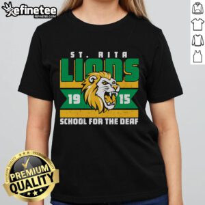 Official St. Rita School for the Deaf Lions 19-15 Ladies Tee featuring school colors and logo for proud supporters.
