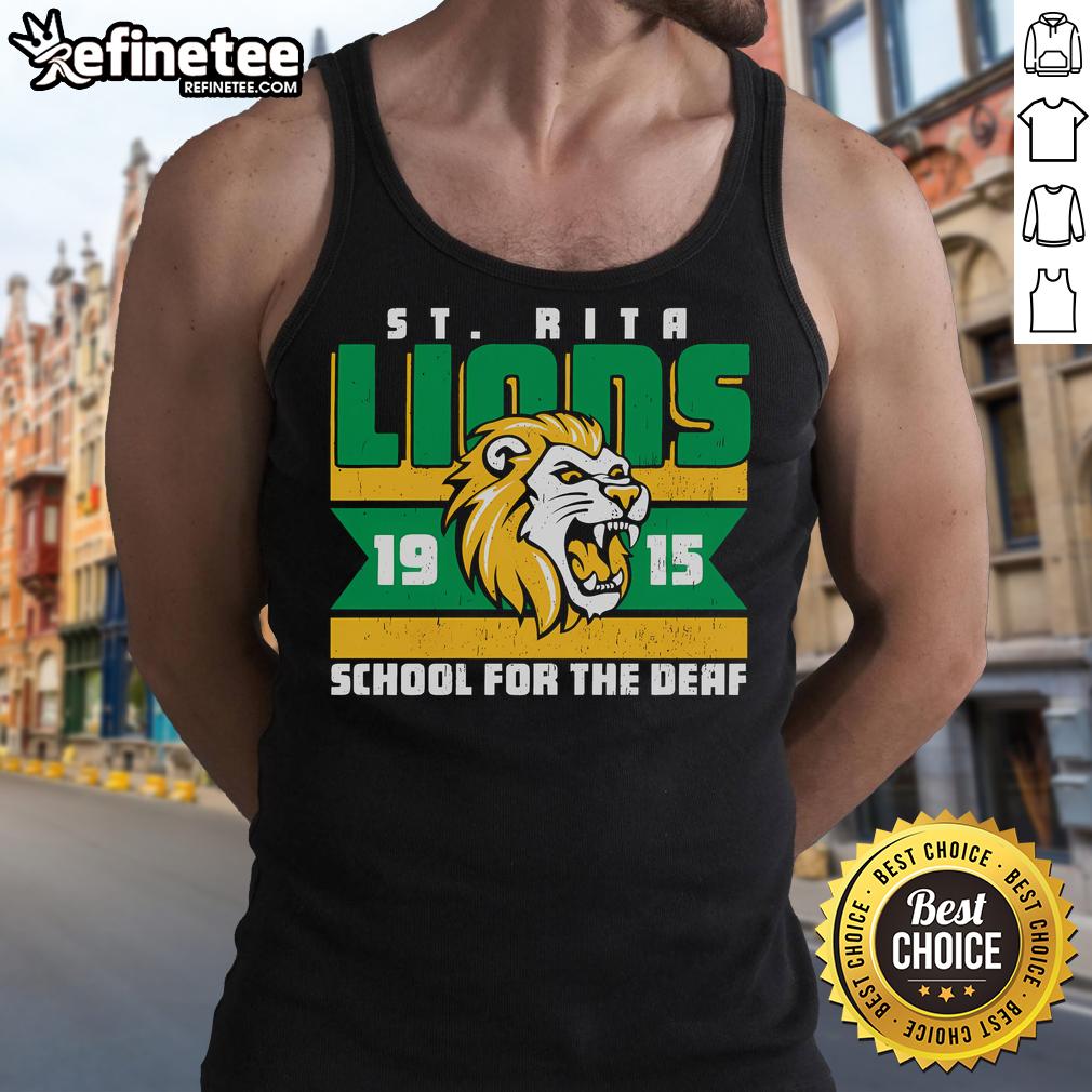 Official St. Rita School for the Deaf Lions 19-15 tank top featuring vibrant school colors and logo design.