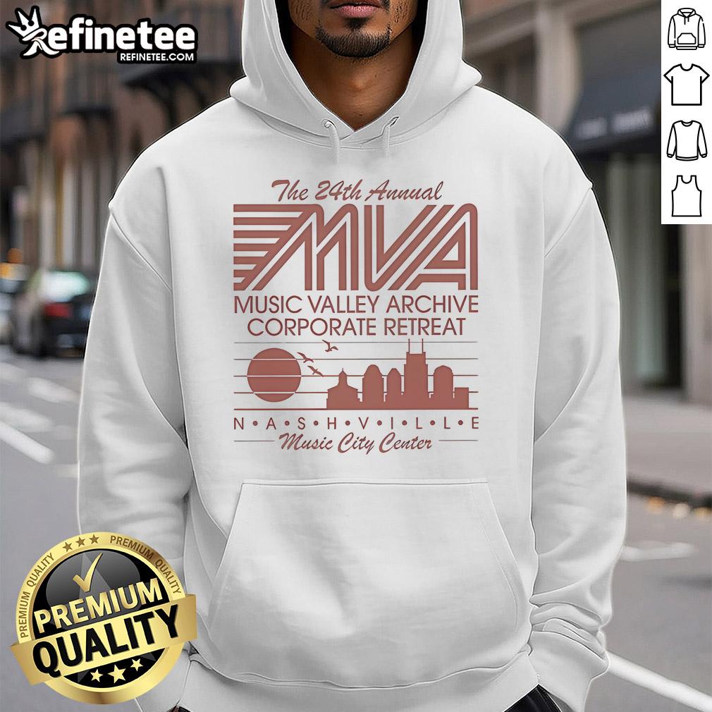 Alt Text: Cozy hoodie featuring the Official 24th Annual MVA Music Valley Archive logo, perfect for the Nashville Music City Center retreat.