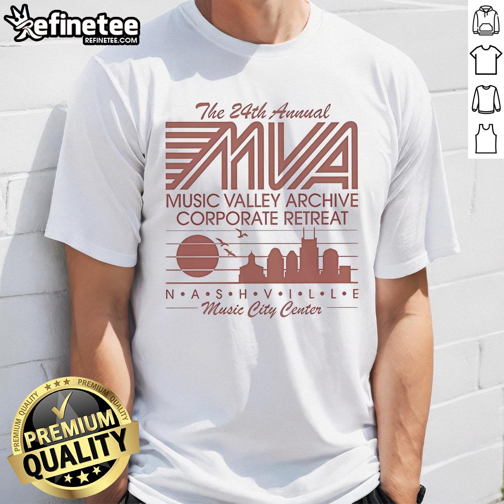 Official 24th Annual MVA Music Valley Archive Corporate Retreat T-Shirt featuring Nashville Music City Center design.
