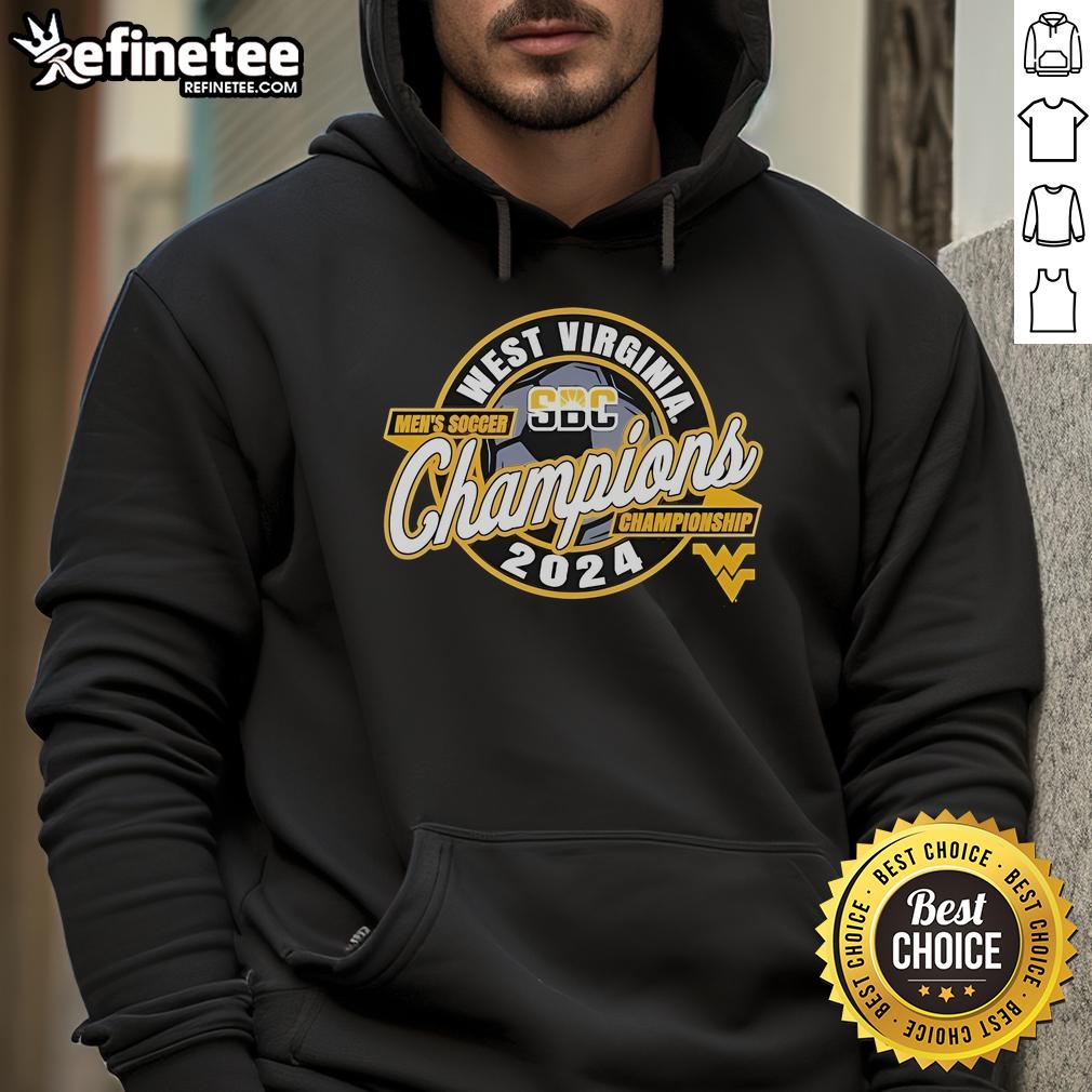 West Virginia Mountaineers 2024 SBC Men's Soccer Tournament Champions hoodie featuring team colors and logo.