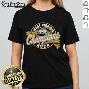Official West Virginia Mountaineers 2024 SBC Men's Soccer Tournament Champions Ladies Tee showcasing team pride.
