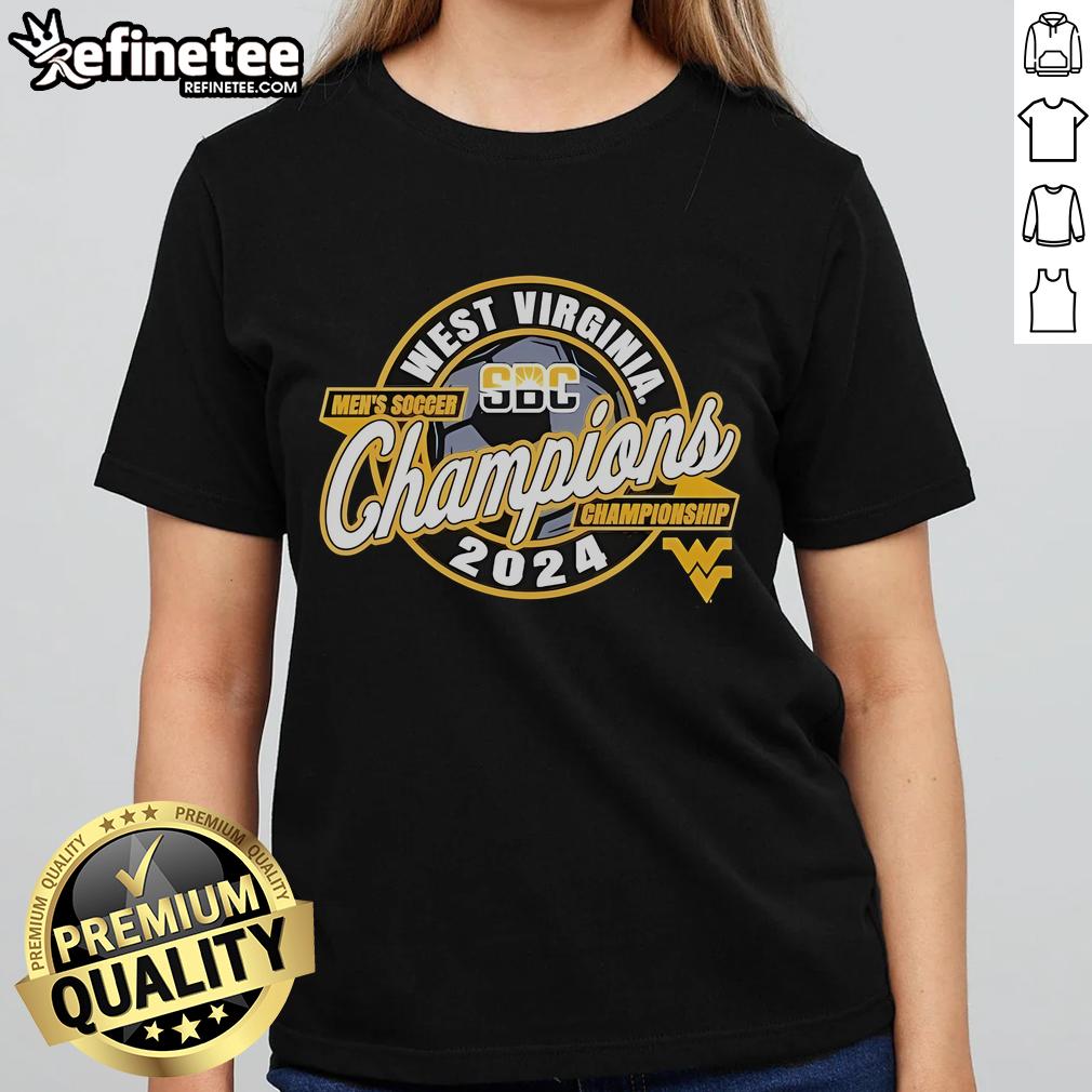 Official West Virginia Mountaineers 2024 SBC Men's Soccer Tournament Champions Ladies Tee showcasing team pride.
