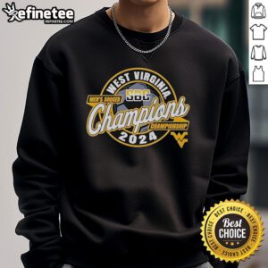 2024 SBC Men's Soccer Tournament Champions sweatshirt featuring the Official West Virginia Mountaineers logo.