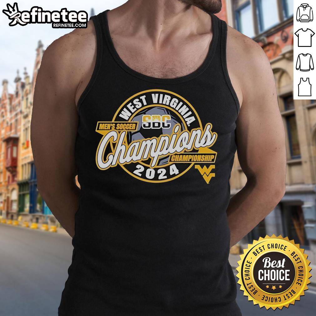 Official West Virginia Mountaineers 2024 SBC Men's Soccer Tournament Champions tank top featuring team logo and colors.