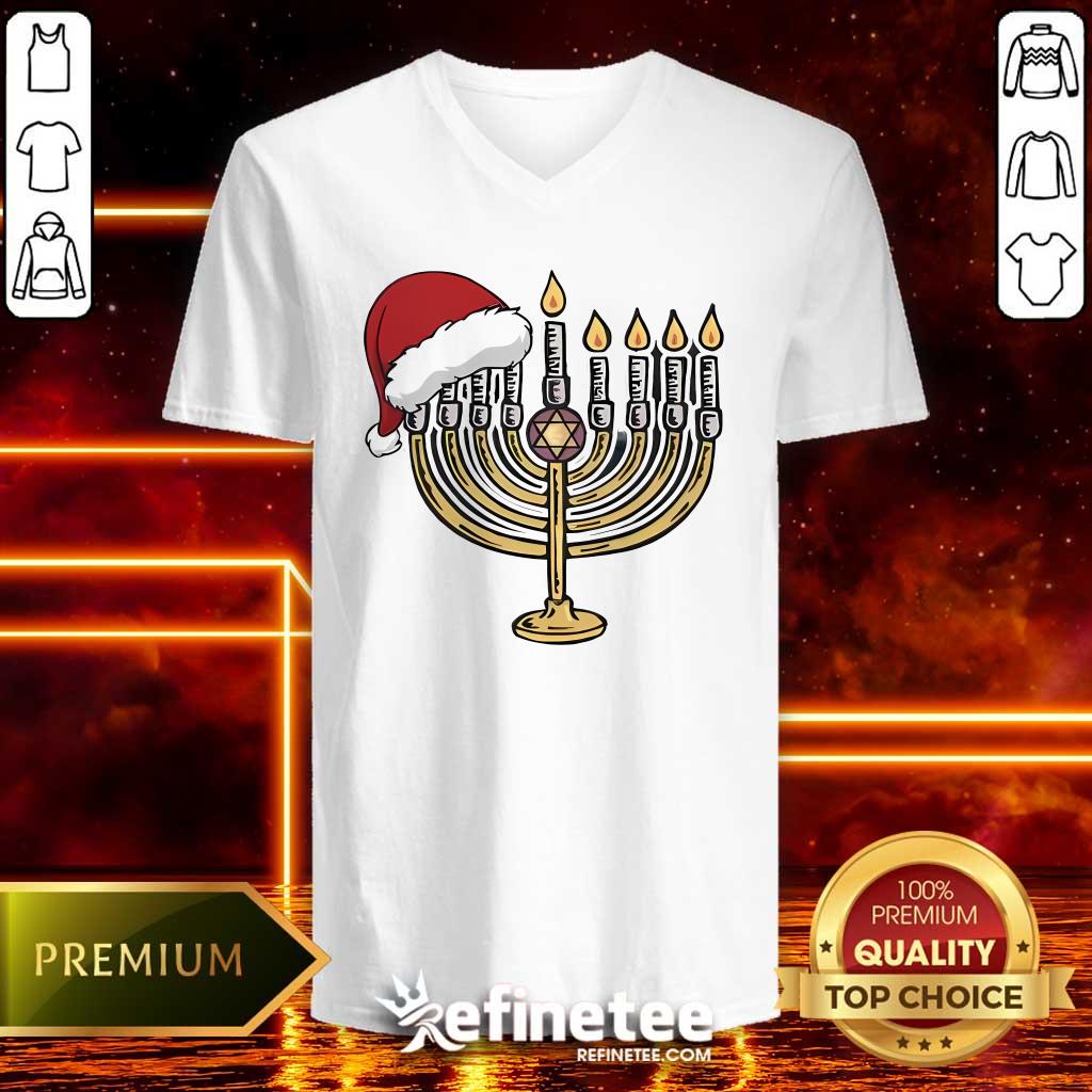 Top Happy Christmas Hanukkah Santa Hat Jewish Menorah V-neck