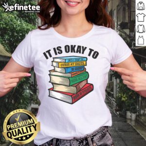Alt Text: Funny book stack design on a tee for grumpy people and humor lovers, perfect for ladies who appreciate satire.