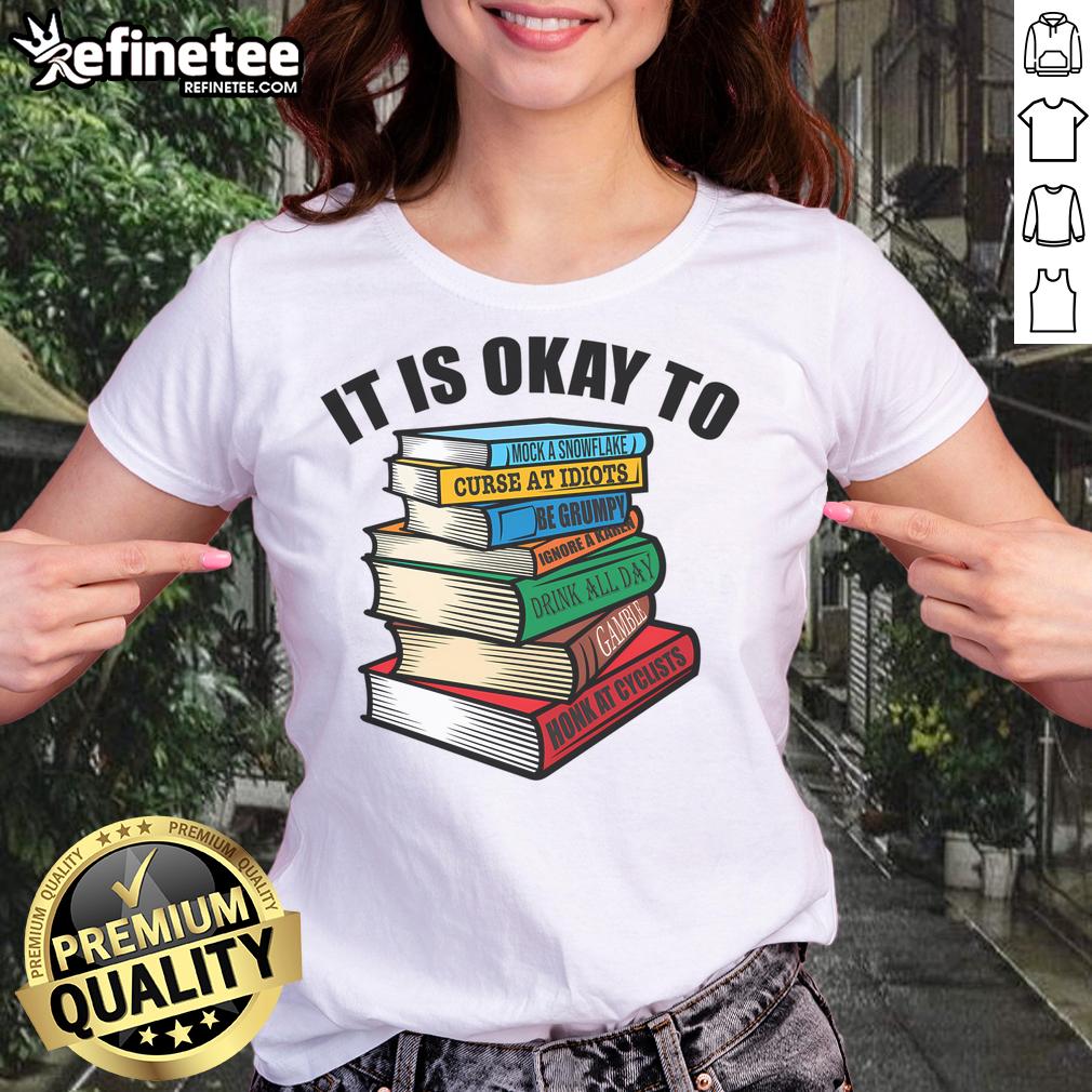 Alt Text: Funny book stack design on a tee for grumpy people and humor lovers, perfect for ladies who appreciate satire.