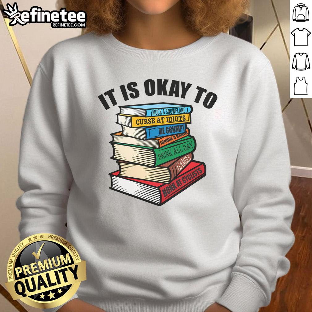 Alt Text: Humorous sweatshirt with stacked books titled 'Funny Book Stack' for satire-loving grumpy people.