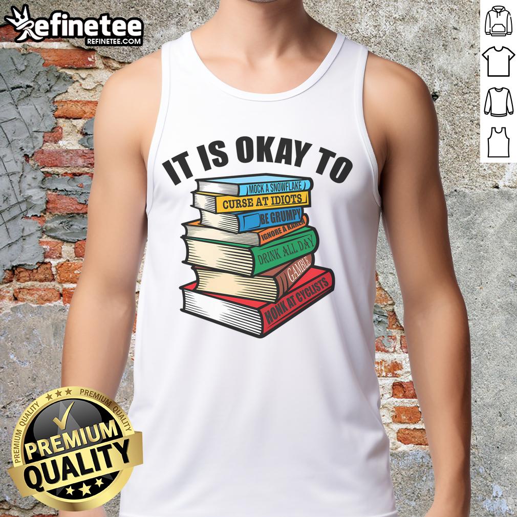 Funny book stack graphic on a tank top, perfect for satire lovers and grumpy people who appreciate humor.