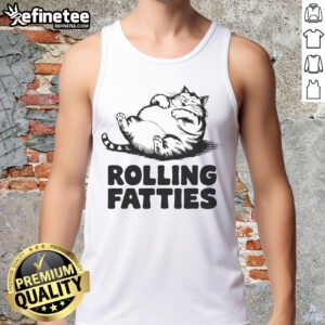 Funny cat rolling on the ground wearing a tank top that says Fatties for cat lovers. Perfect for feline enthusiasts!