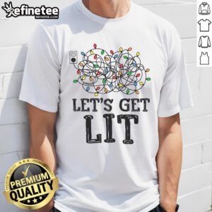 Funny Messy Christmas Lights on a 'Let's Get Lit' Xmas Pajamas T-Shirt, perfect for festive holiday celebrations.