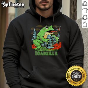 Funny retro Japanese Toadzilla monster frog attack hoodie featuring a vibrant graphic of a cartoon frog in action.