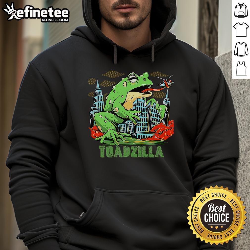 Funny retro Japanese Toadzilla monster frog attack hoodie featuring a vibrant graphic of a cartoon frog in action.
