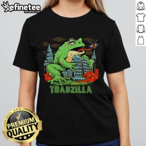Funny retro Japanese Toadzilla monster frog graphic on a ladies tee, perfect for quirky fashion lovers.