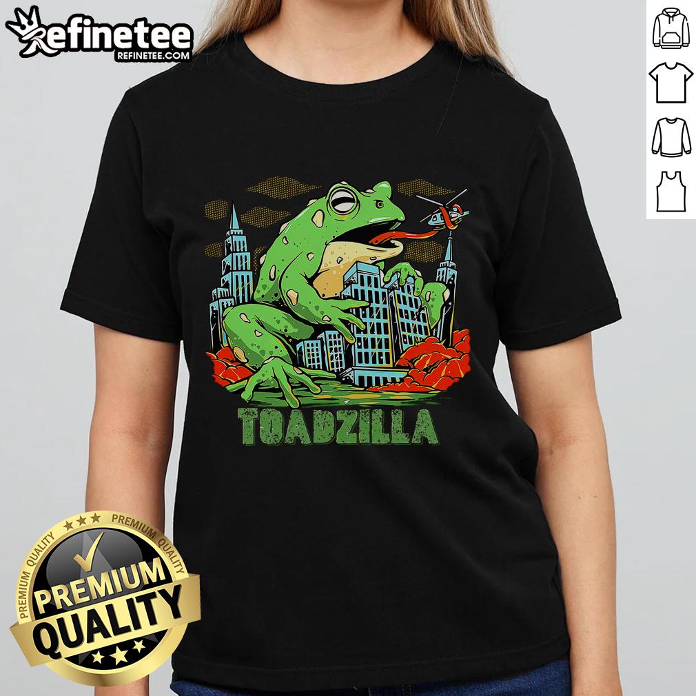 Funny retro Japanese Toadzilla monster frog graphic on a ladies tee, perfect for quirky fashion lovers.