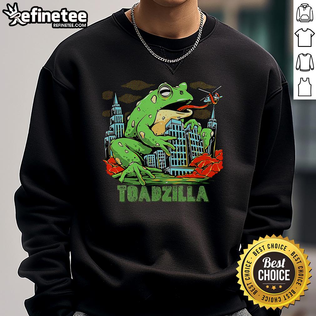 Funny retro Japanese Toadzilla monster frog attack sweatshirt featuring a vibrant graphic design.