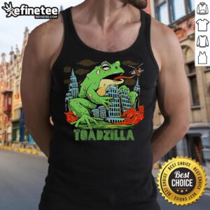 Funny retro Japanese Toadzilla monster frog attacking in a vibrant tank top design, perfect for quirky fashion lovers.