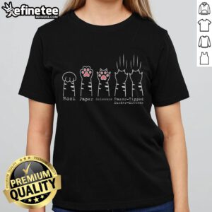 Adorable kitten with razor-tipped paws playing rock-paper-scissors in a funny ladies tee design featuring cute cat graphics.