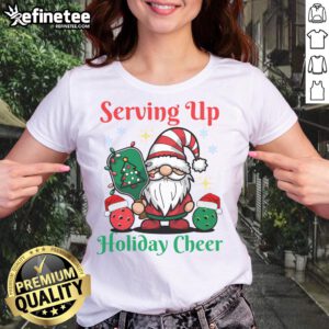 Funny Serving Up Holiday Cheer Pickleball Christmas Ladies Tee featuring festive graphics and vibrant colors.