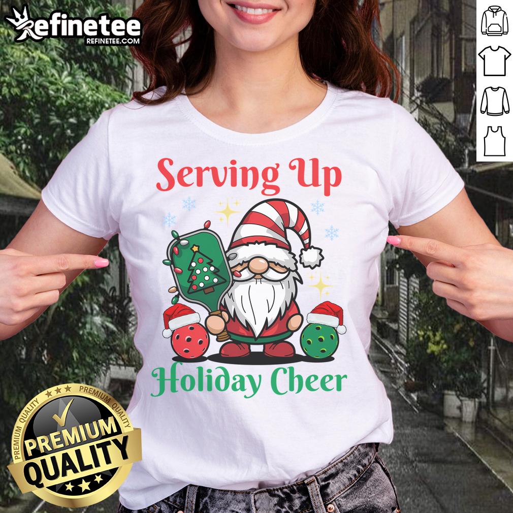 Funny Serving Up Holiday Cheer Pickleball Christmas Ladies Tee featuring festive graphics and vibrant colors.