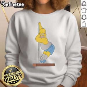 Alt Text: Homer Simpson humorously pole dancing on a sweatshirt, featuring a quirky design from The Simpsons collection.