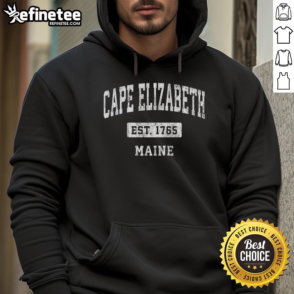 Vintage sports hoodie featuring Cape Elizabeth, Maine design, perfect for casual wear and showcasing local pride.