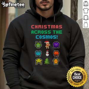 Good Christmas Across The Cosmos pixel art hoodie featuring colorful cosmic designs and festive elements.