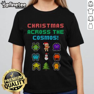 Good Christmas Across The Cosmos pixel art design on a ladies tee featuring festive colors and whimsical space elements.