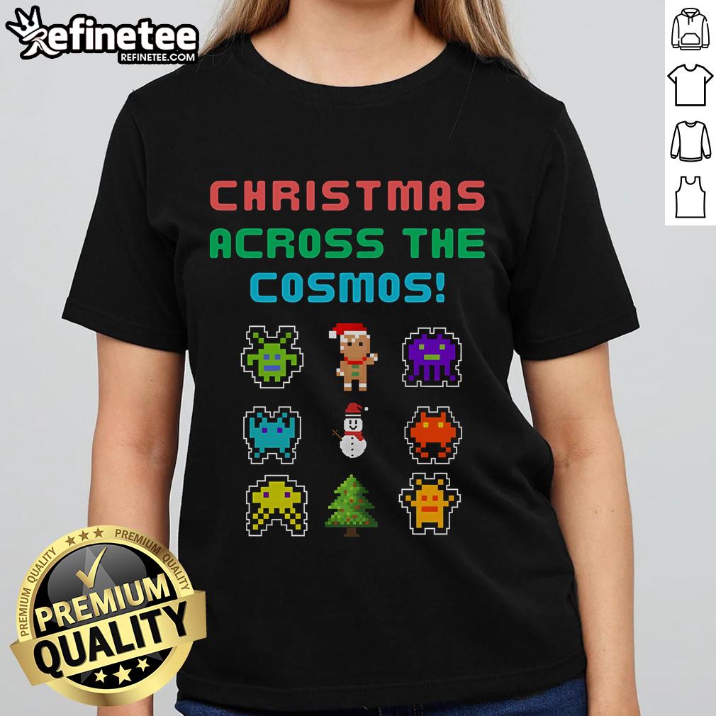 Good Christmas Across The Cosmos pixel art design on a ladies tee featuring festive colors and whimsical space elements.