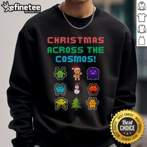 Good Christmas Across The Cosmos pixel art sweatshirt featuring colorful cosmic designs and festive elements for holiday cheer.