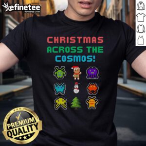 Good Christmas Across The Cosmos Pixel Art T-Shirt featuring festive space-themed graphics and vibrant colors.