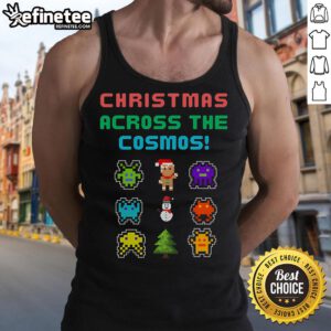 Good Christmas Across the Cosmos pixel art tank top featuring festive designs and vibrant colors for holiday fashion.