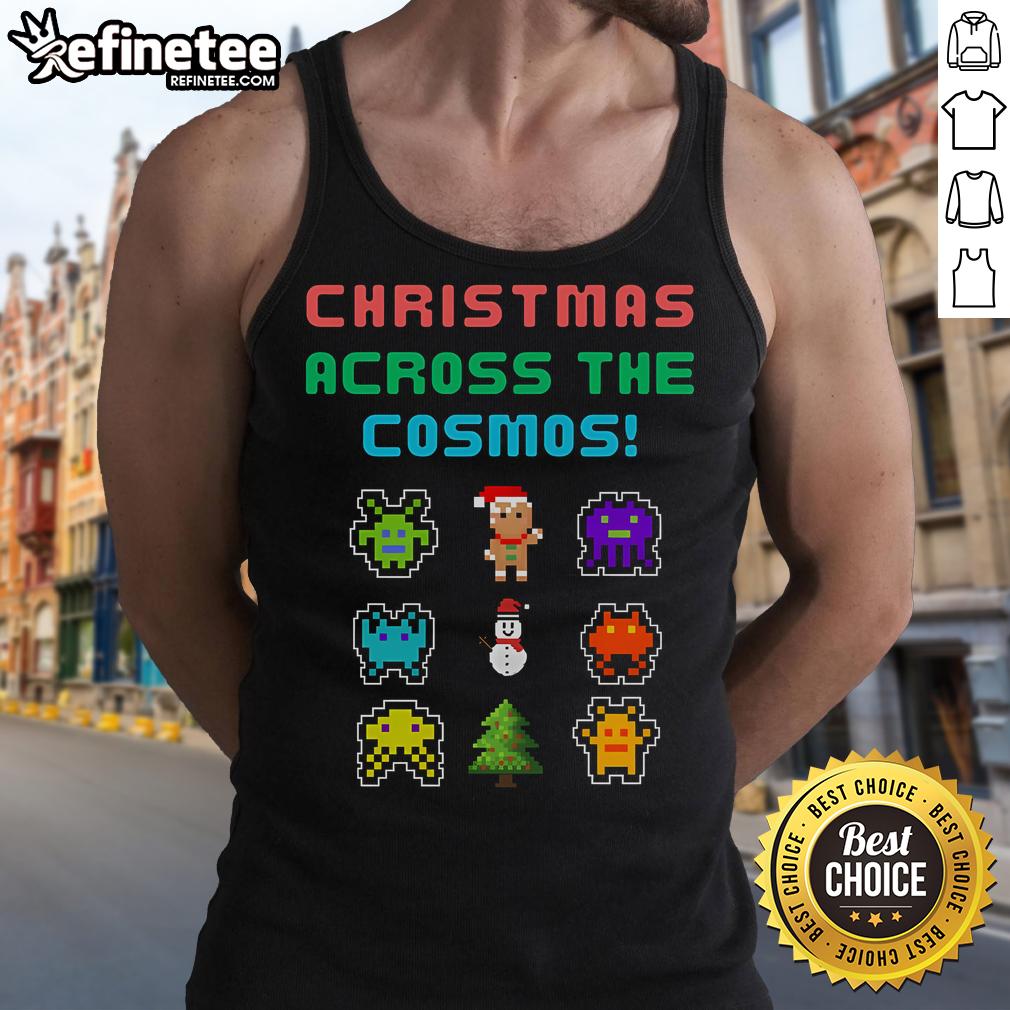 Good Christmas Across the Cosmos pixel art tank top featuring festive designs and vibrant colors for holiday fashion.