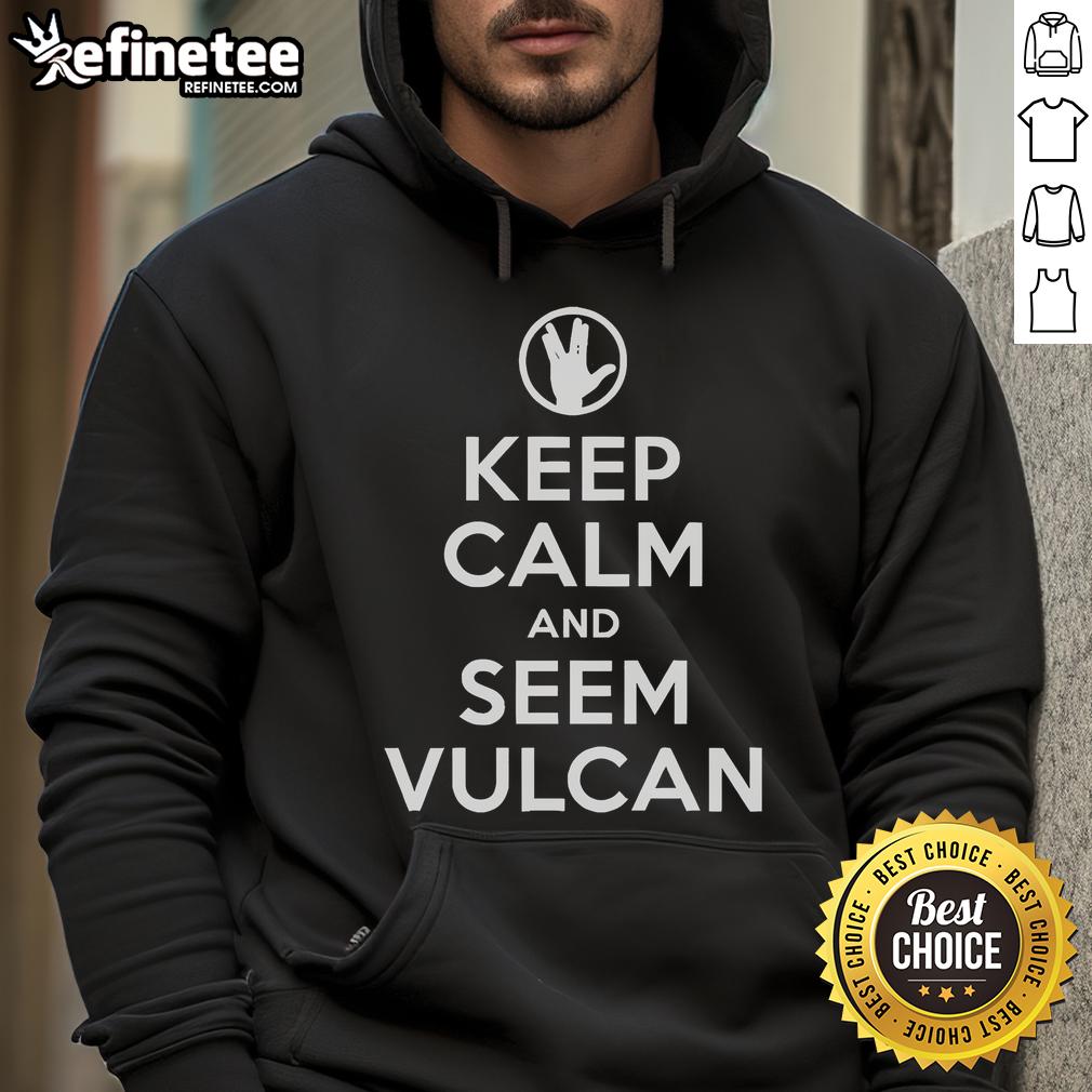 Good Keep Calm and Seem Vulcan Hoodie displayed on a mannequin, showcasing its unique design and vibrant colors.