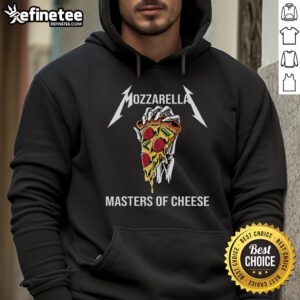 Foodie chef wearing a pizza-themed hoodie, showcasing good mozzarella cheese while preparing a delicious pizza.