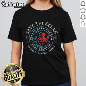 Good Ocean Conservation Ladies Tee promoting a plastic-free sea, featuring vibrant ocean graphics and eco-friendly message.
