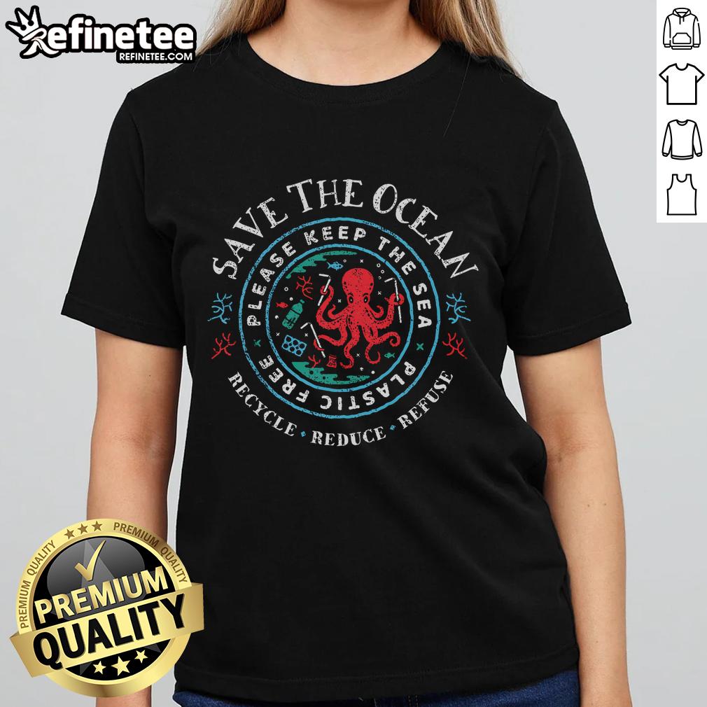 Good Ocean Conservation Ladies Tee promoting a plastic-free sea, featuring vibrant ocean graphics and eco-friendly message.