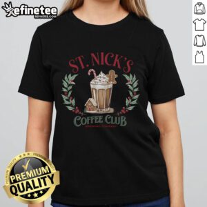 Good St. Nick's Coffee Christmas holiday season ladies tee featuring festive designs and cheerful colors for the festive season.