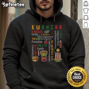 Happy Kwanzaa hoodie featuring a vibrant drum, kinara, and seven candles, celebrating African heritage and culture.