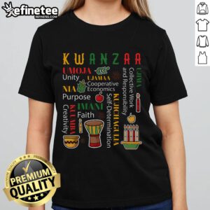 Happy Kwanzaa celebration featuring a colorful drum, kinara with seven candles, and joyful ladies in traditional attire.
