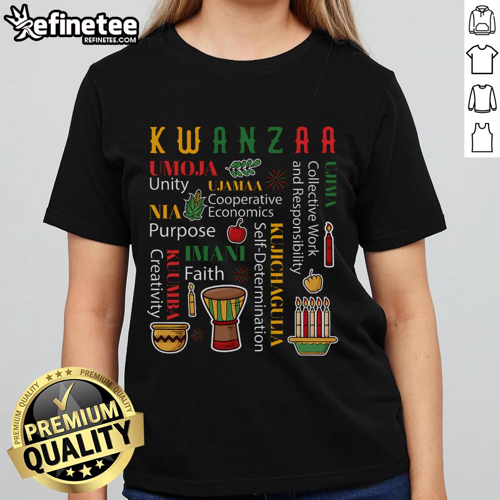 Happy Kwanzaa celebration featuring a colorful drum, kinara with seven candles, and joyful ladies in traditional attire.