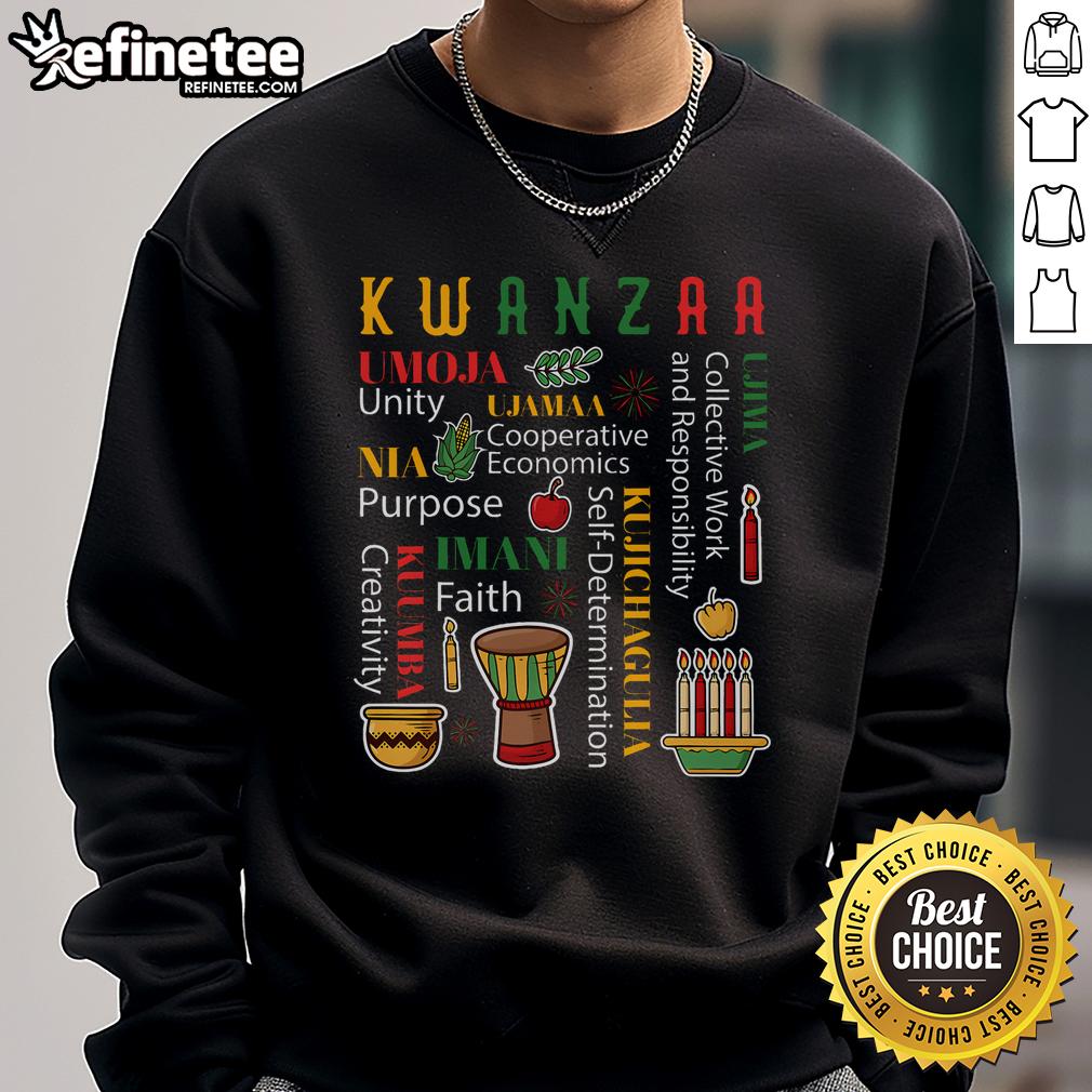 Happy Kwanzaa sweatshirt featuring a drum, kinara, seven candles, and vibrant African celebration designs.