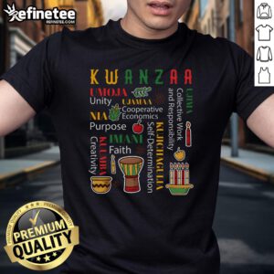 Happy Kwanzaa drum kinara with seven candles on a vibrant t-shirt celebrating African heritage and unity.