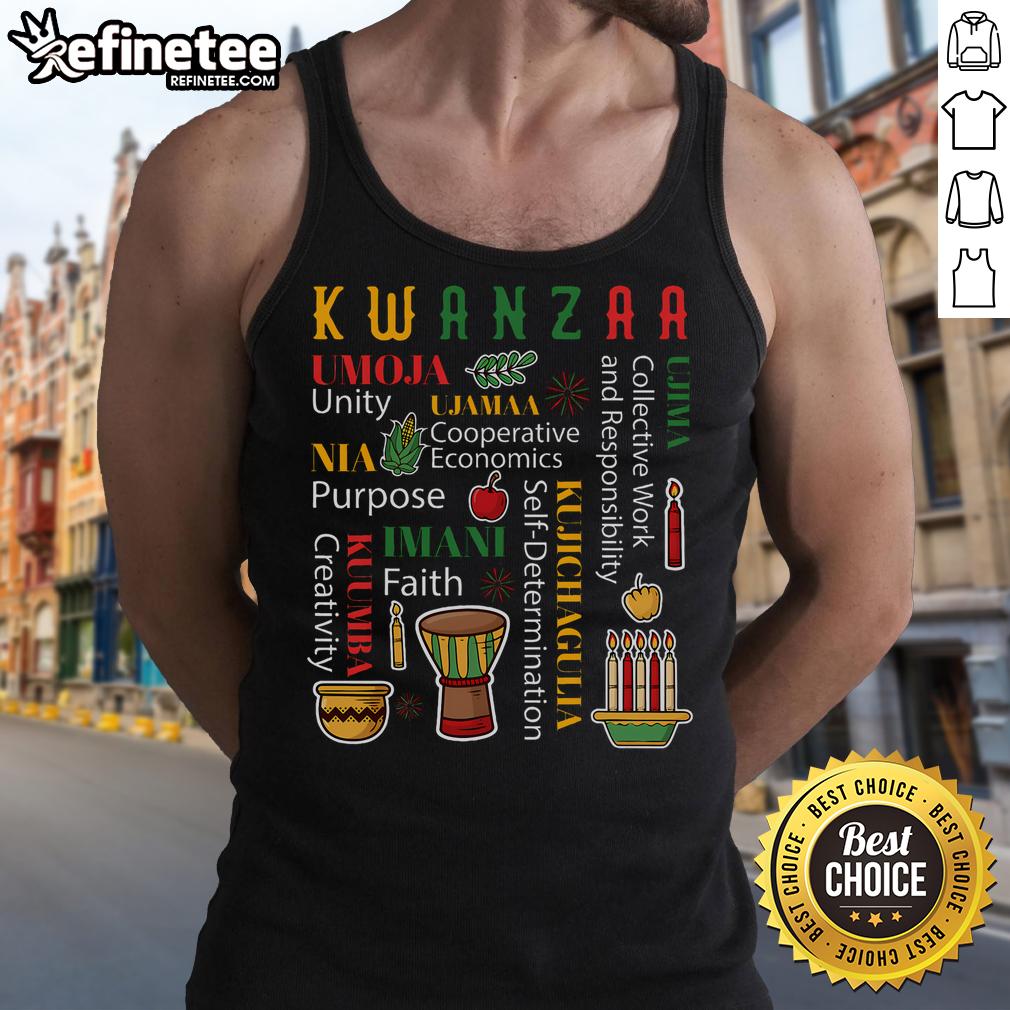 Happy Kwanzaa tank top featuring a drum, kinara, and seven candles, celebrating African heritage and culture.