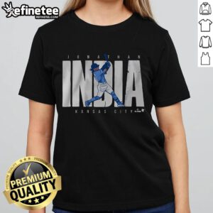 Hot Jonathan India KC Swing Ladies Tee showcasing a stylish design perfect for baseball fans and fashion lovers.